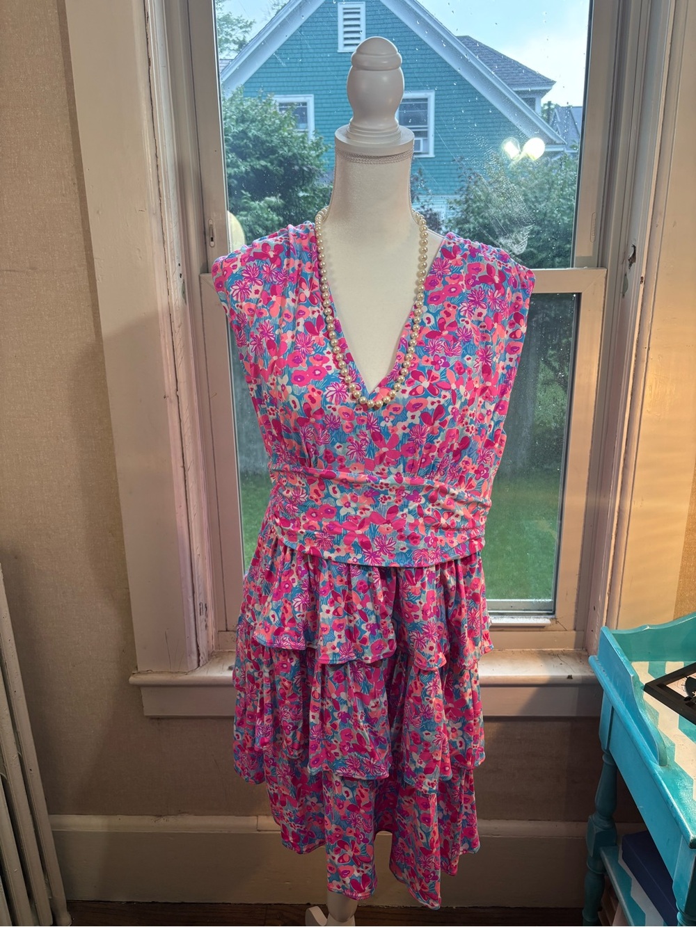 Lilly Pulitzer Pink & Blue Floral Tiered V-Neck Dress